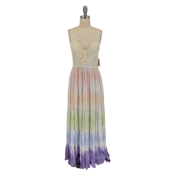 01102 Main Strip Crochet  Tie Dye Maxi Dress Cream Yellow Size Small bohemian - Picture 1 of 7